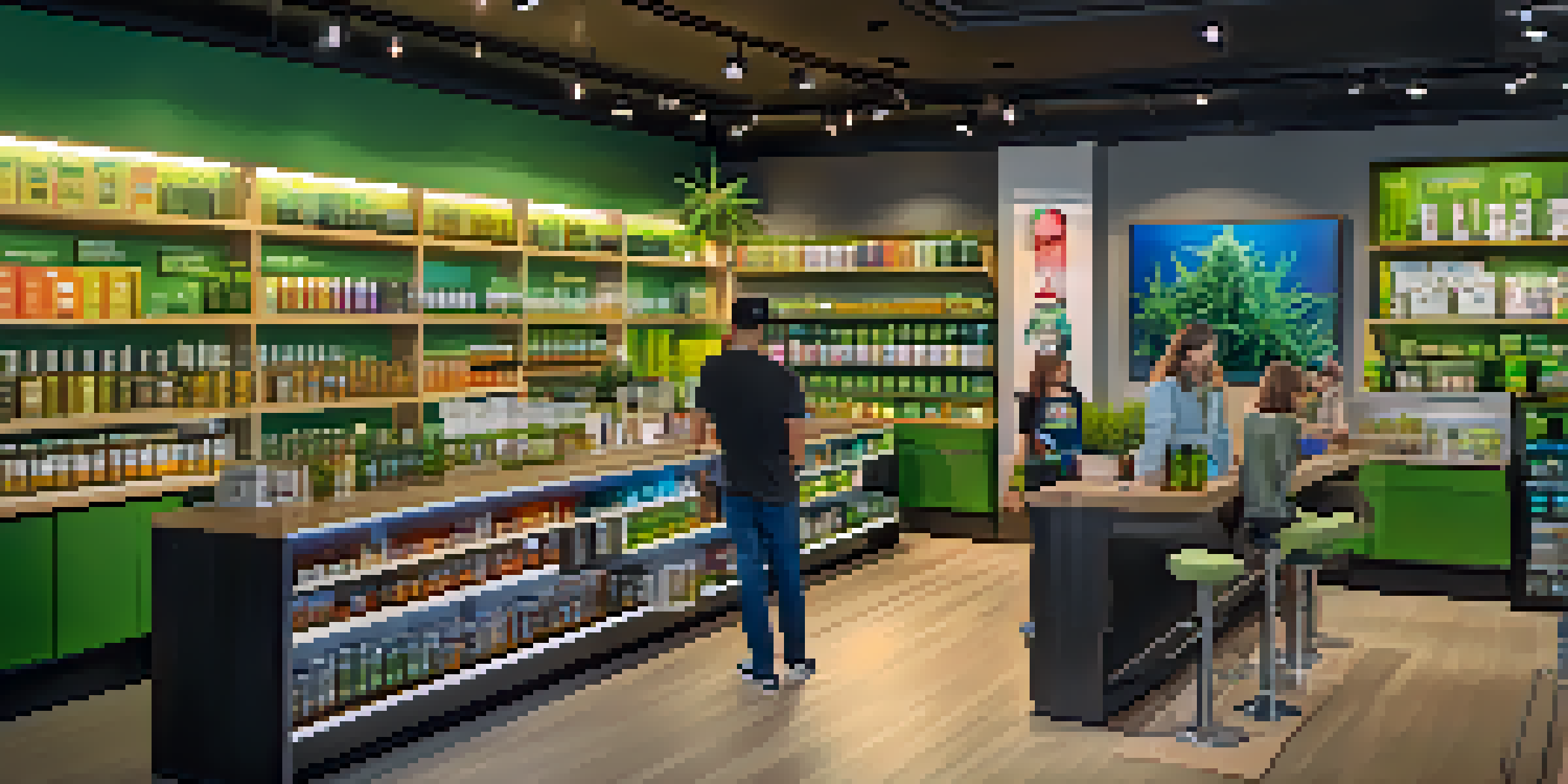 A busy cannabis dispensary with colorful products, warm lighting, and customers engaging with staff.