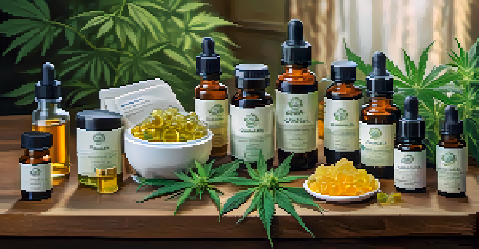 An assortment of cannabis-infused products displayed on a wooden table with labels and natural lighting.