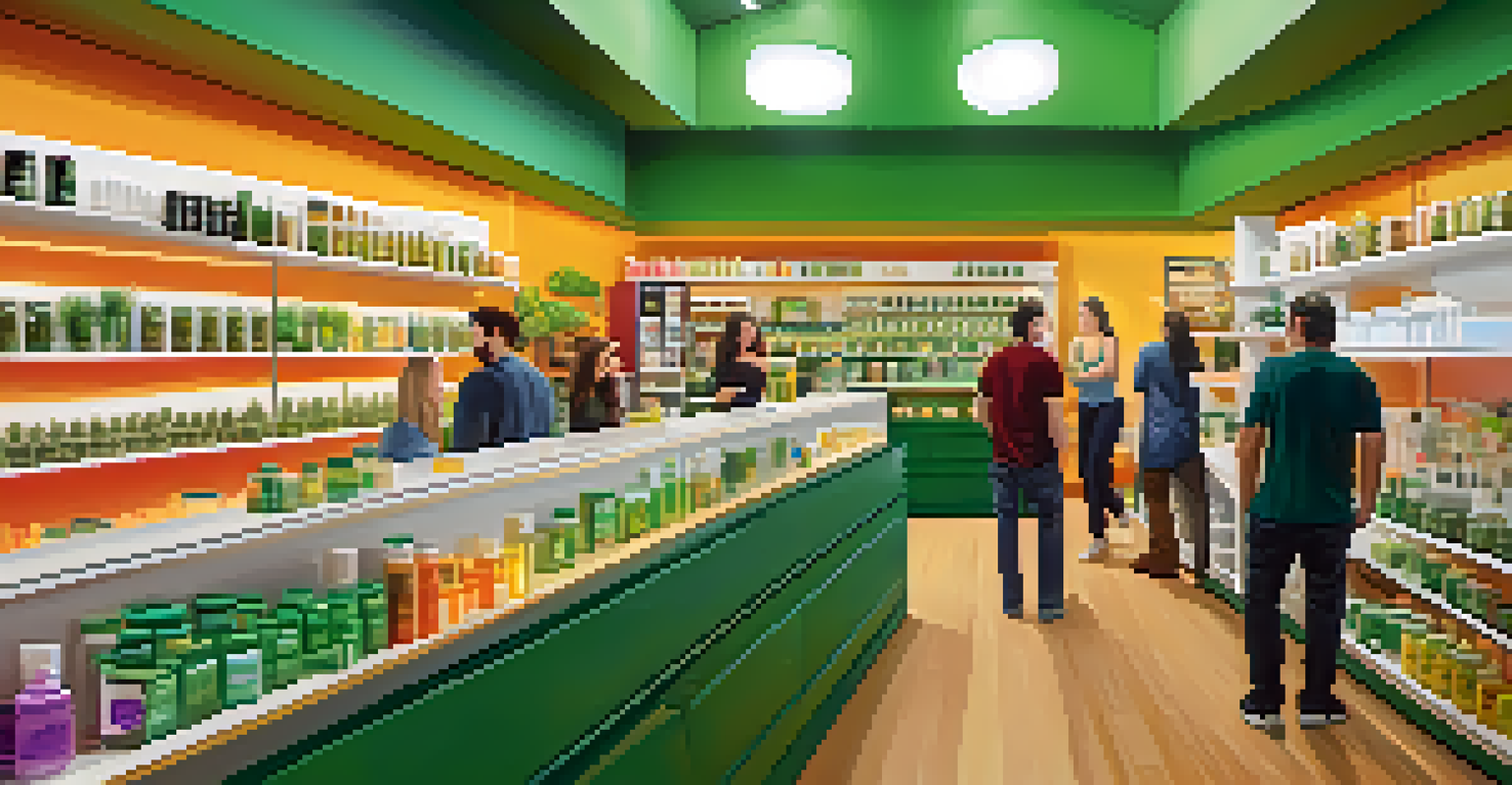 A lively cannabis dispensary filled with customers and colorful products on display.