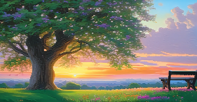 A peaceful park scene at sunset with a bench under an oak tree, surrounded by grass and flowers, illuminated by warm golden light.