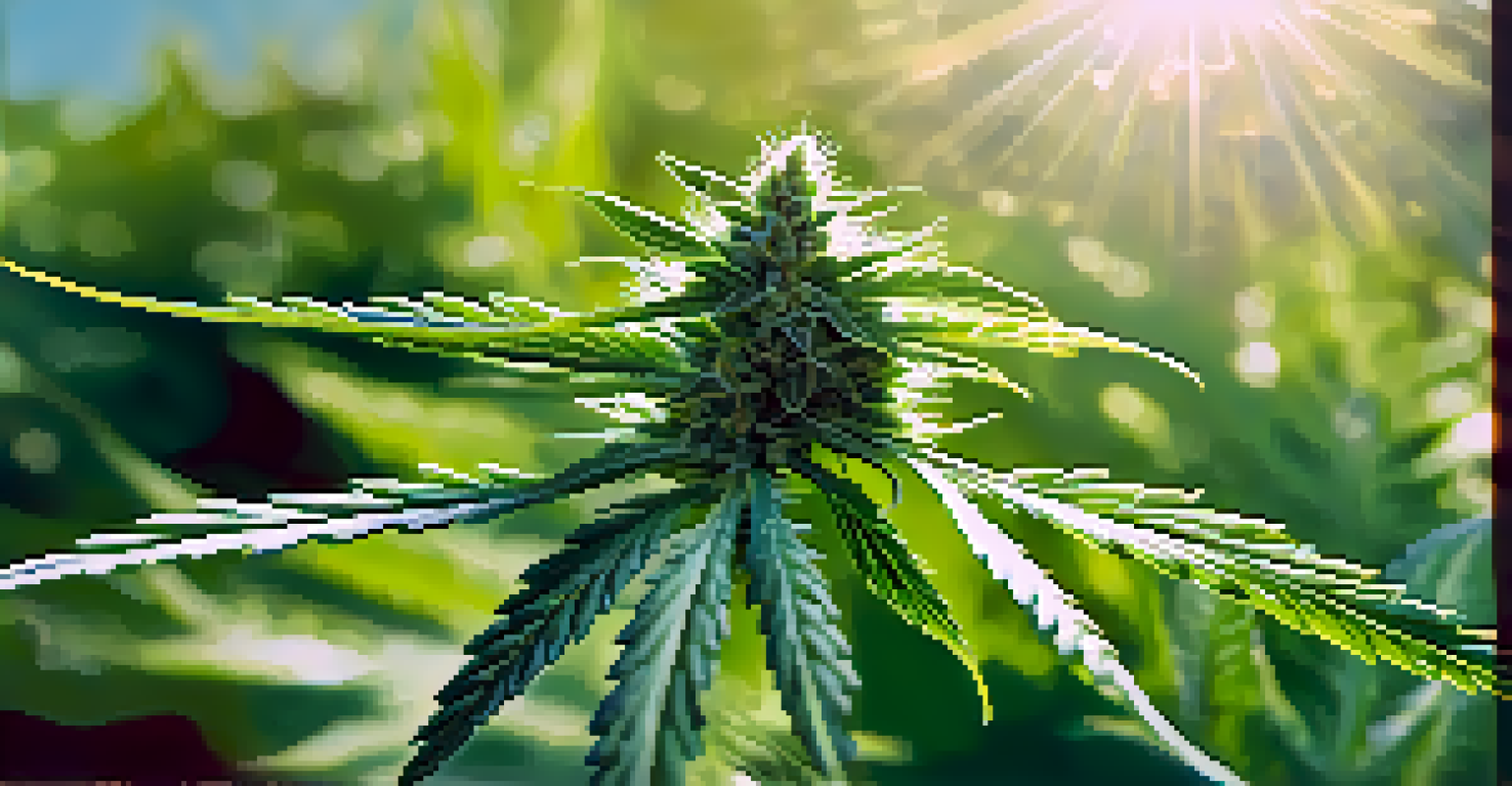 Close-up of a cannabis plant showcasing its green leaves and sparkling trichomes in a natural garden.