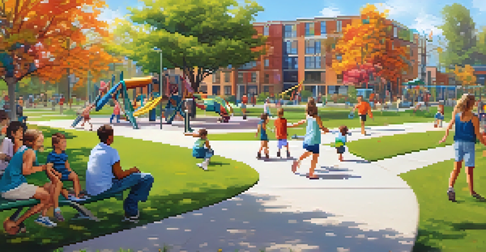 A lively community park filled with families, children playing on a playground, and a colorful community center in the background.
