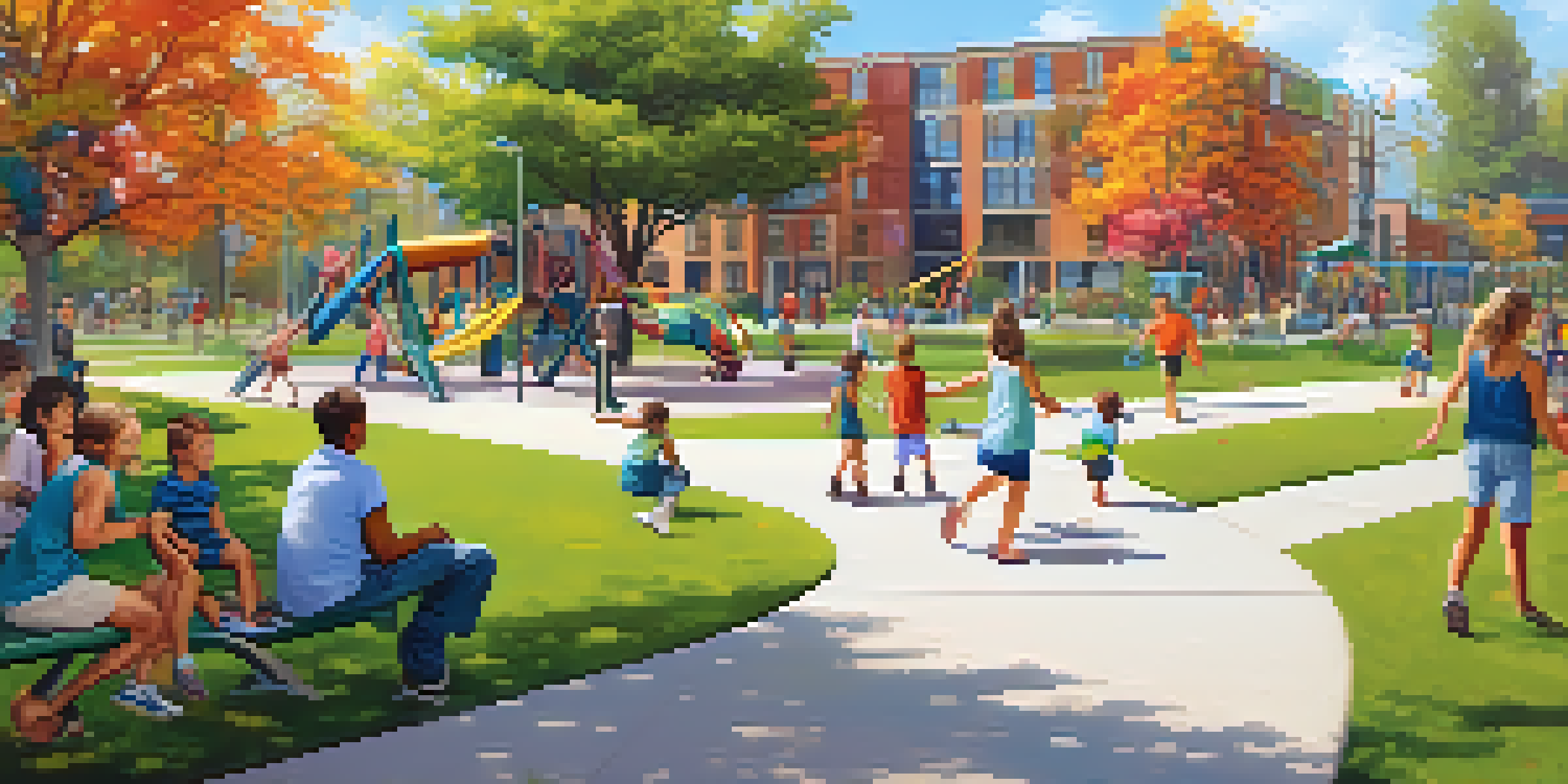 A lively community park filled with families, children playing on a playground, and a colorful community center in the background.
