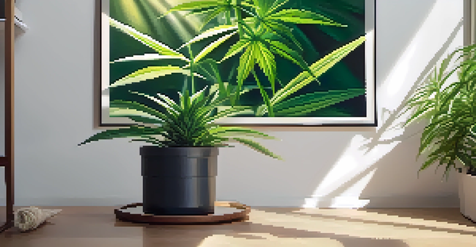 A detailed close-up of a green cannabis plant with sunlight filtering through its leaves in a softly lit room.