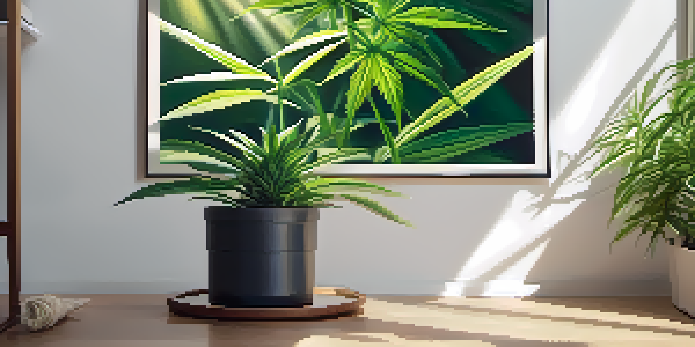 A detailed close-up of a green cannabis plant with sunlight filtering through its leaves in a softly lit room.