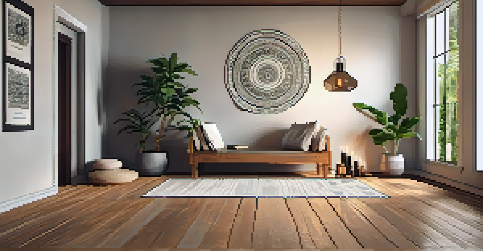 A yoga studio with a yoga mat, CBD oil, and candles, creating a harmonious environment for mindfulness and healing.