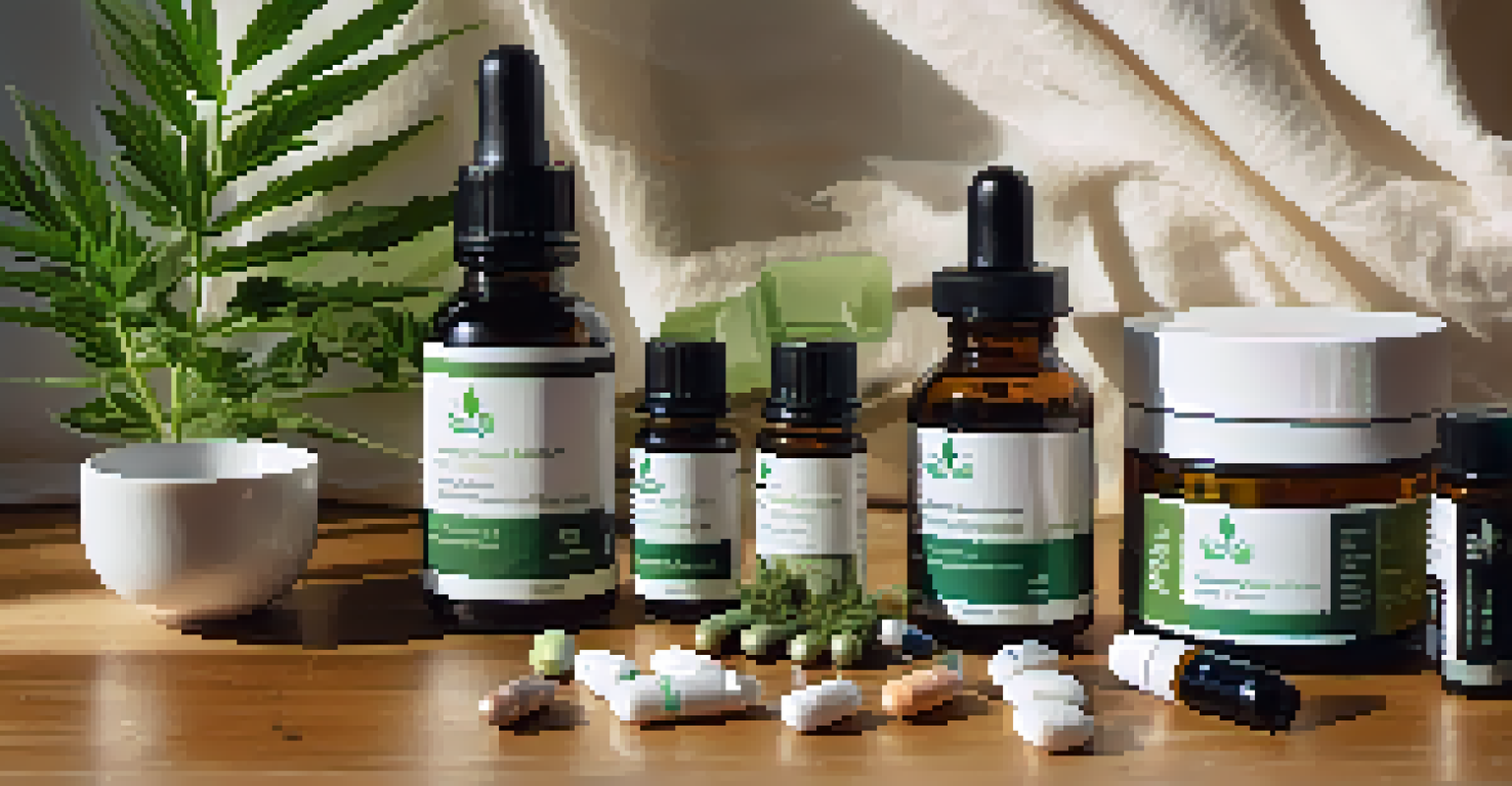 A flat lay arrangement of CBD products including oils, capsules, and herbal tea on a wooden table.