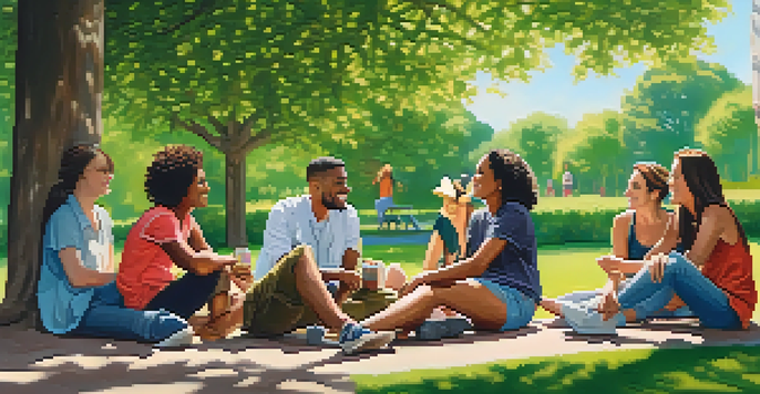 A diverse group of friends in a park, engaged in a supportive conversation surrounded by greenery and flowers.