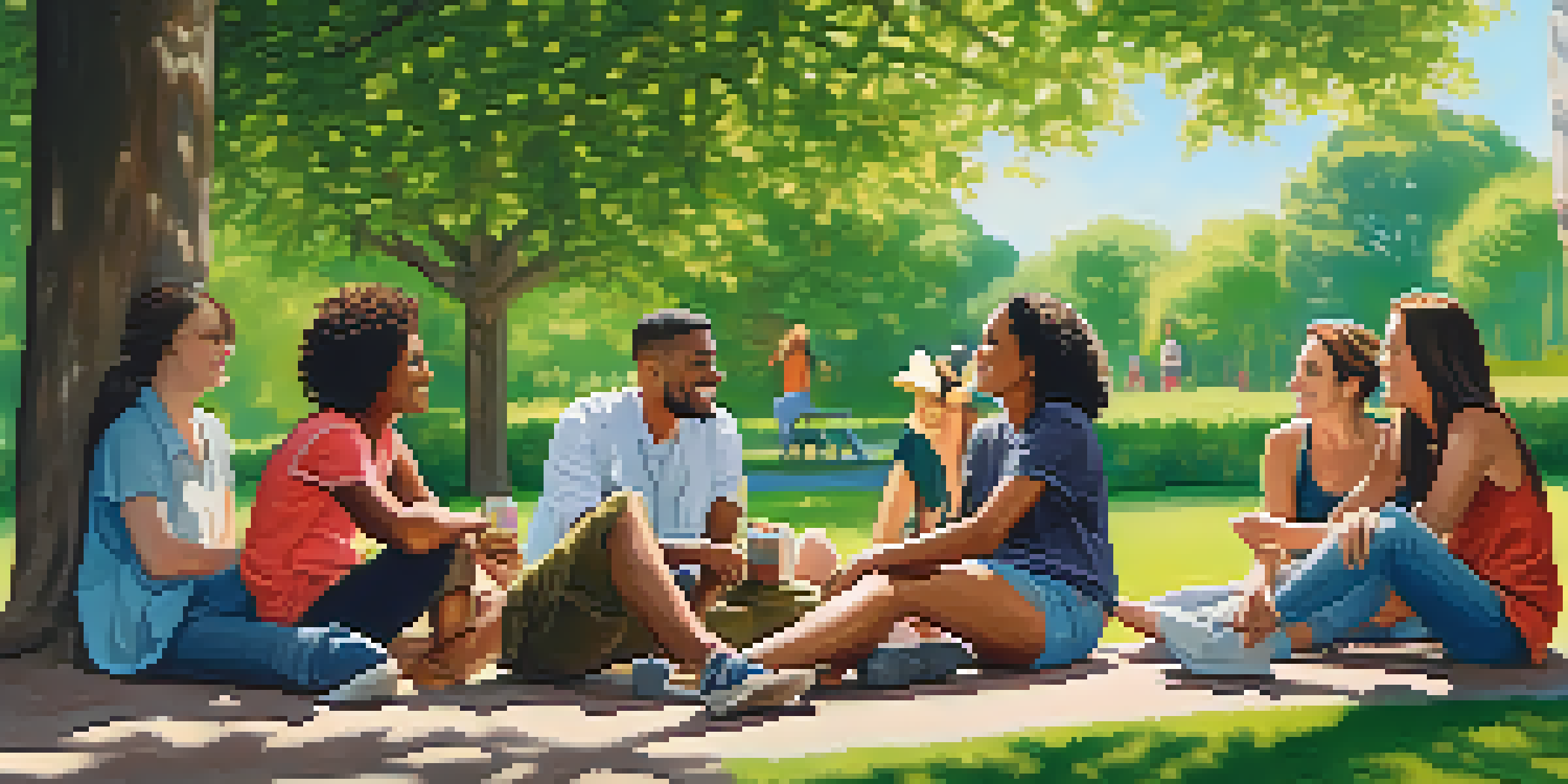 A diverse group of friends in a park, engaged in a supportive conversation surrounded by greenery and flowers.