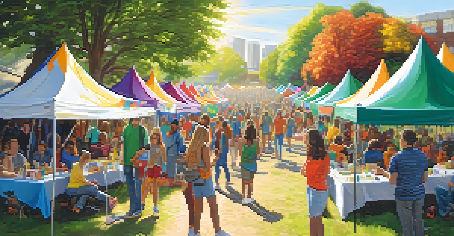 An outdoor community event promoting mental health awareness related to marijuana use, featuring colorful banners and people engaging in conversation.
