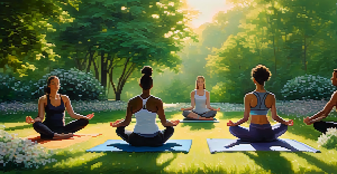 A diverse group of athletes practicing yoga outdoors in a sunlit park, surrounded by greenery and flowers.