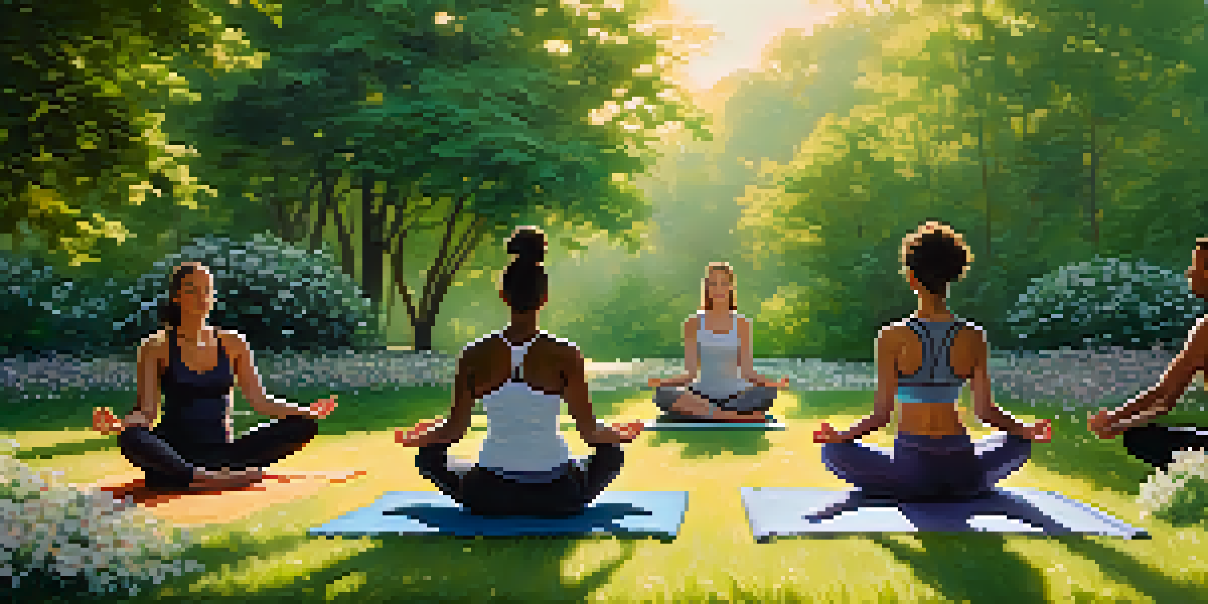 A diverse group of athletes practicing yoga outdoors in a sunlit park, surrounded by greenery and flowers.