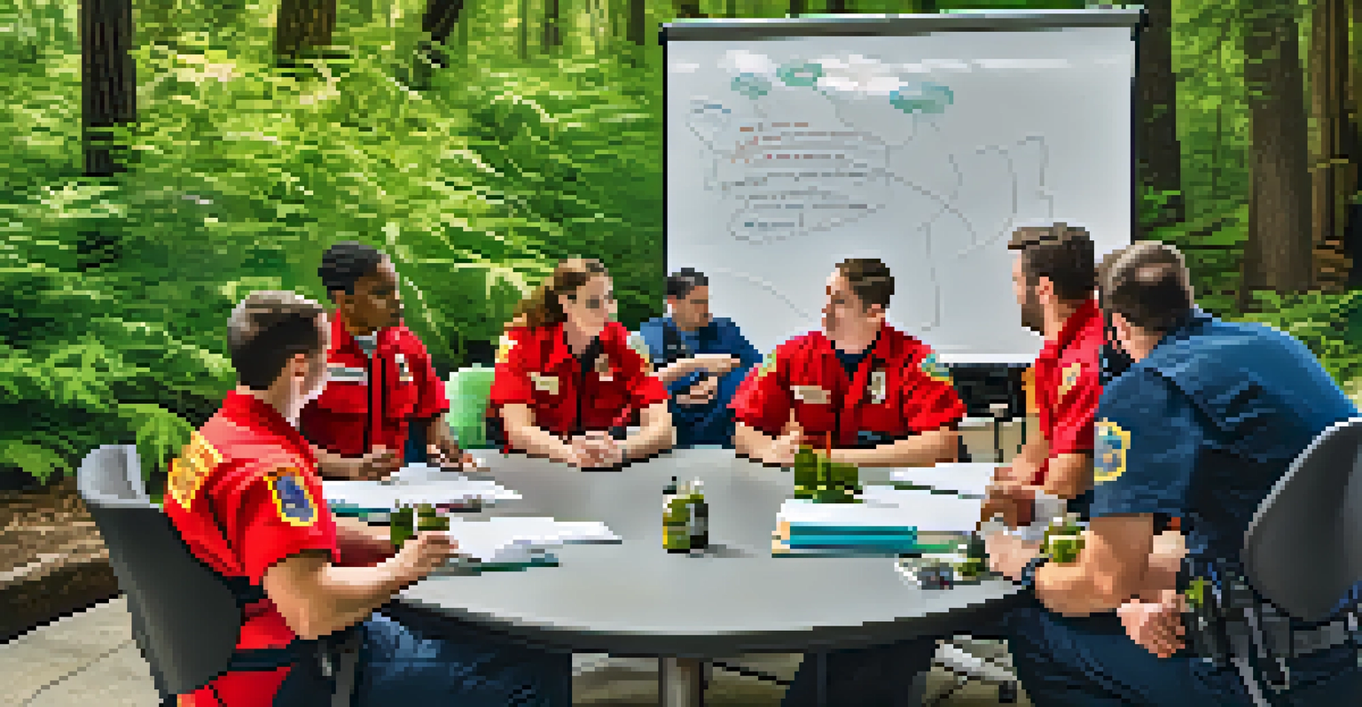 A group of emergency responders participating in an outdoor training workshop about marijuana use, surrounded by nature and educational materials.