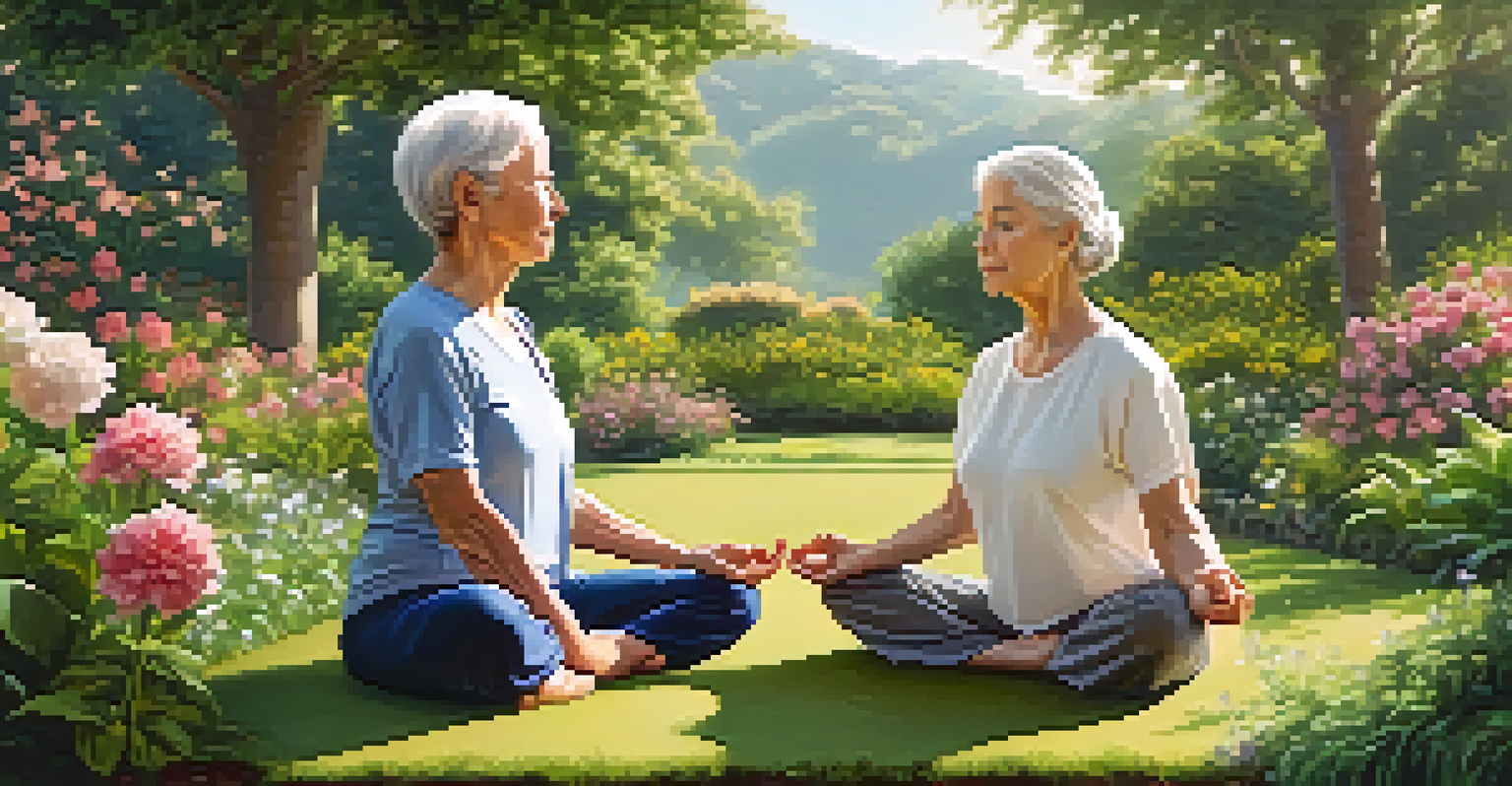 An elderly couple practicing yoga in a garden, surrounded by greenery and flowers, looking peaceful and focused.