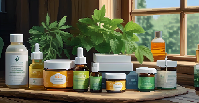 A wooden table displaying various CBD products like oils and gummies, with soft natural light and green plants in the background.