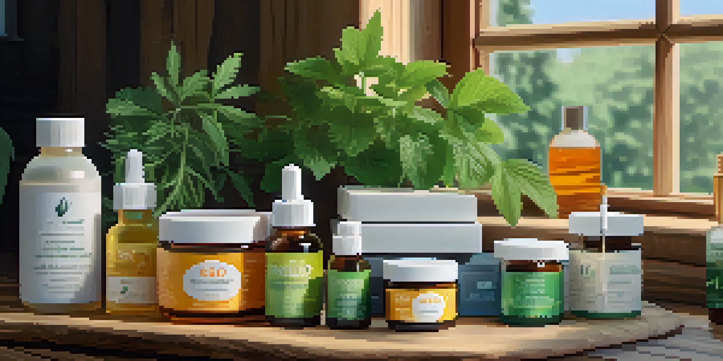 A wooden table displaying various CBD products like oils and gummies, with soft natural light and green plants in the background.