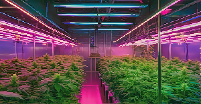 An indoor marijuana grow room filled with green plants illuminated by LED lights and hydroponic systems.
