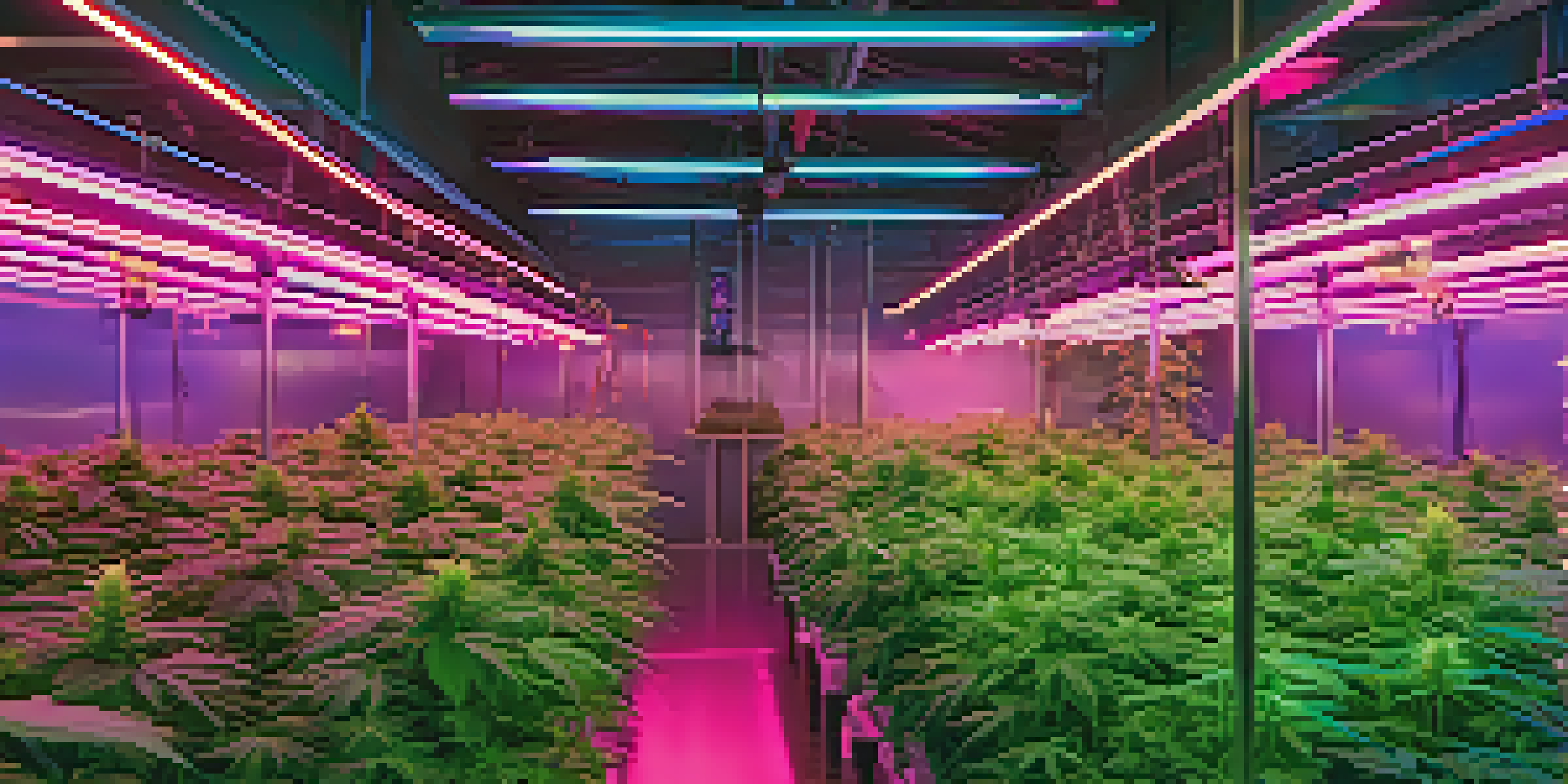 An indoor marijuana grow room filled with green plants illuminated by LED lights and hydroponic systems.