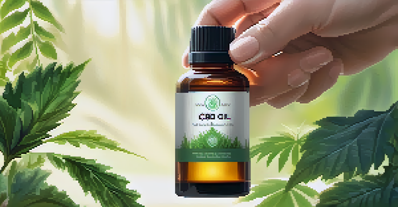 Close-up of a hand holding a bottle of CBD oil with green leaves in the background and sunlight filtering through.