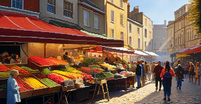A lively street market with colorful stalls and diverse people interacting in warm sunlight.