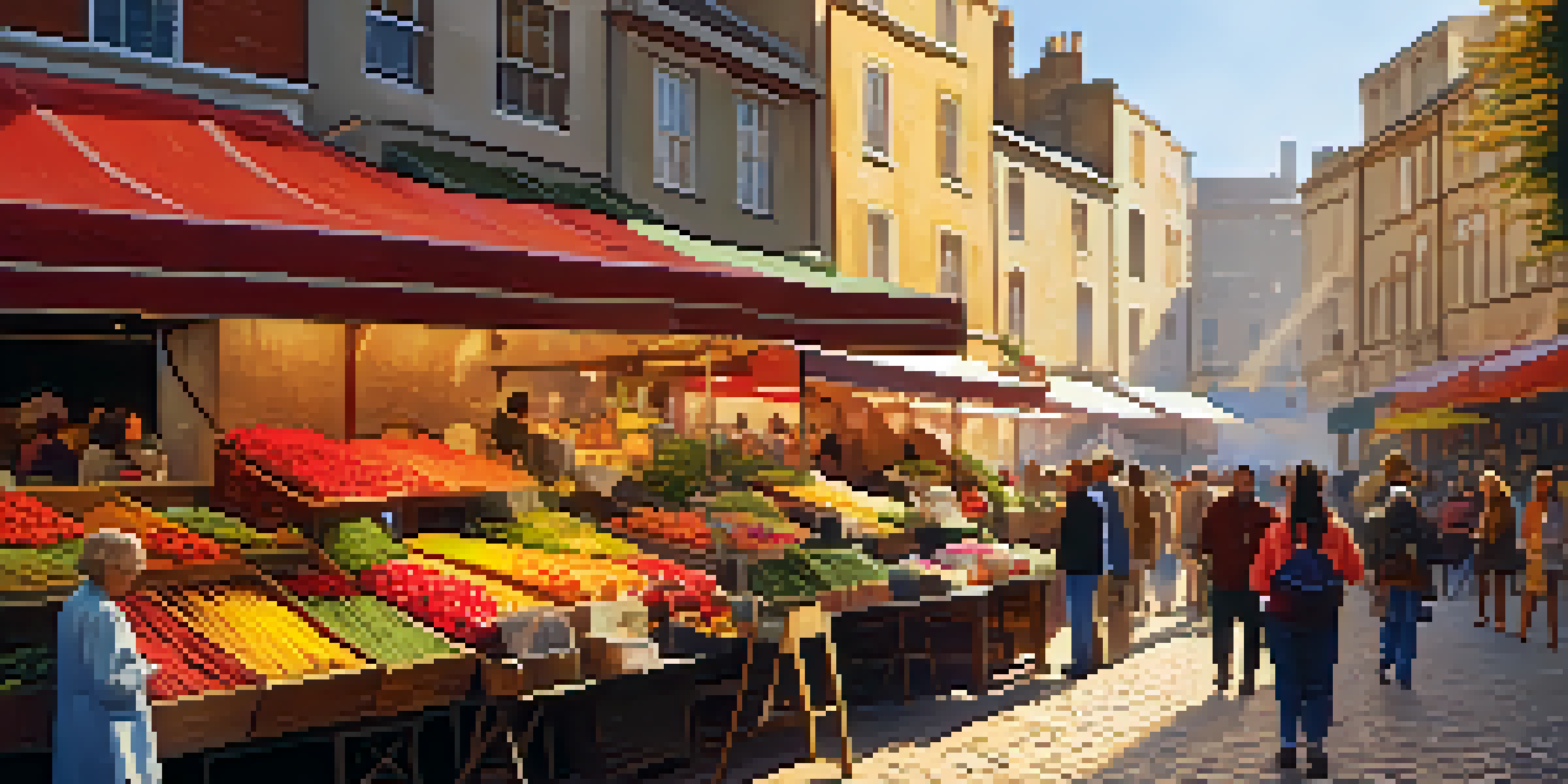 A lively street market with colorful stalls and diverse people interacting in warm sunlight.