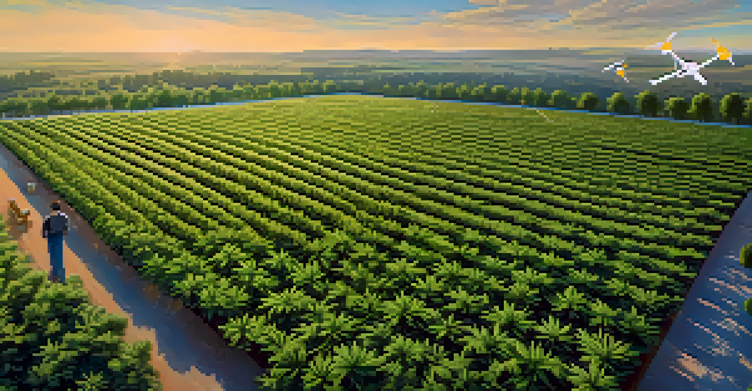 An aerial perspective of a cannabis field with drones monitoring plant growth at different stages under a bright blue sky.