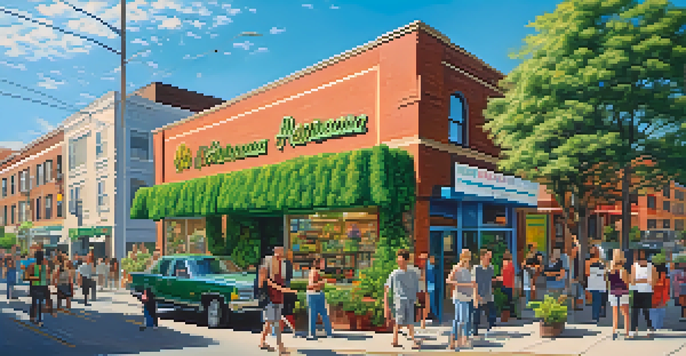 An urban street with a modern marijuana dispensary, people entering and leaving, surrounded by buildings and trees, under a clear blue sky.