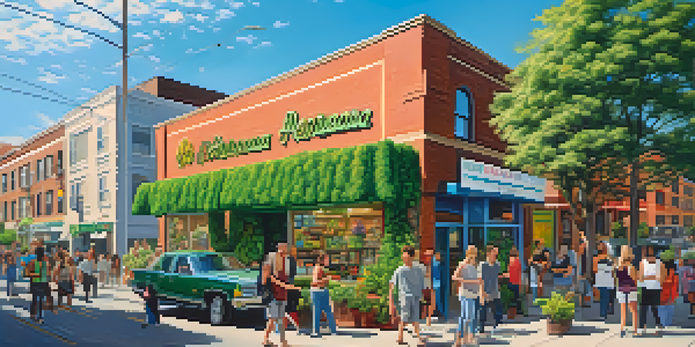 An urban street with a modern marijuana dispensary, people entering and leaving, surrounded by buildings and trees, under a clear blue sky.