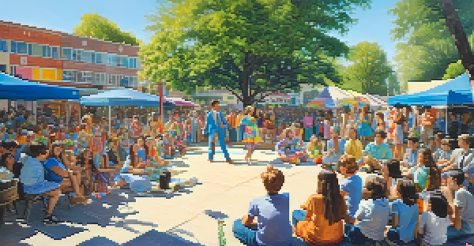 A lively 1960s street scene with young people in tie-dye clothes enjoying music, surrounded by trees and sunlight.
