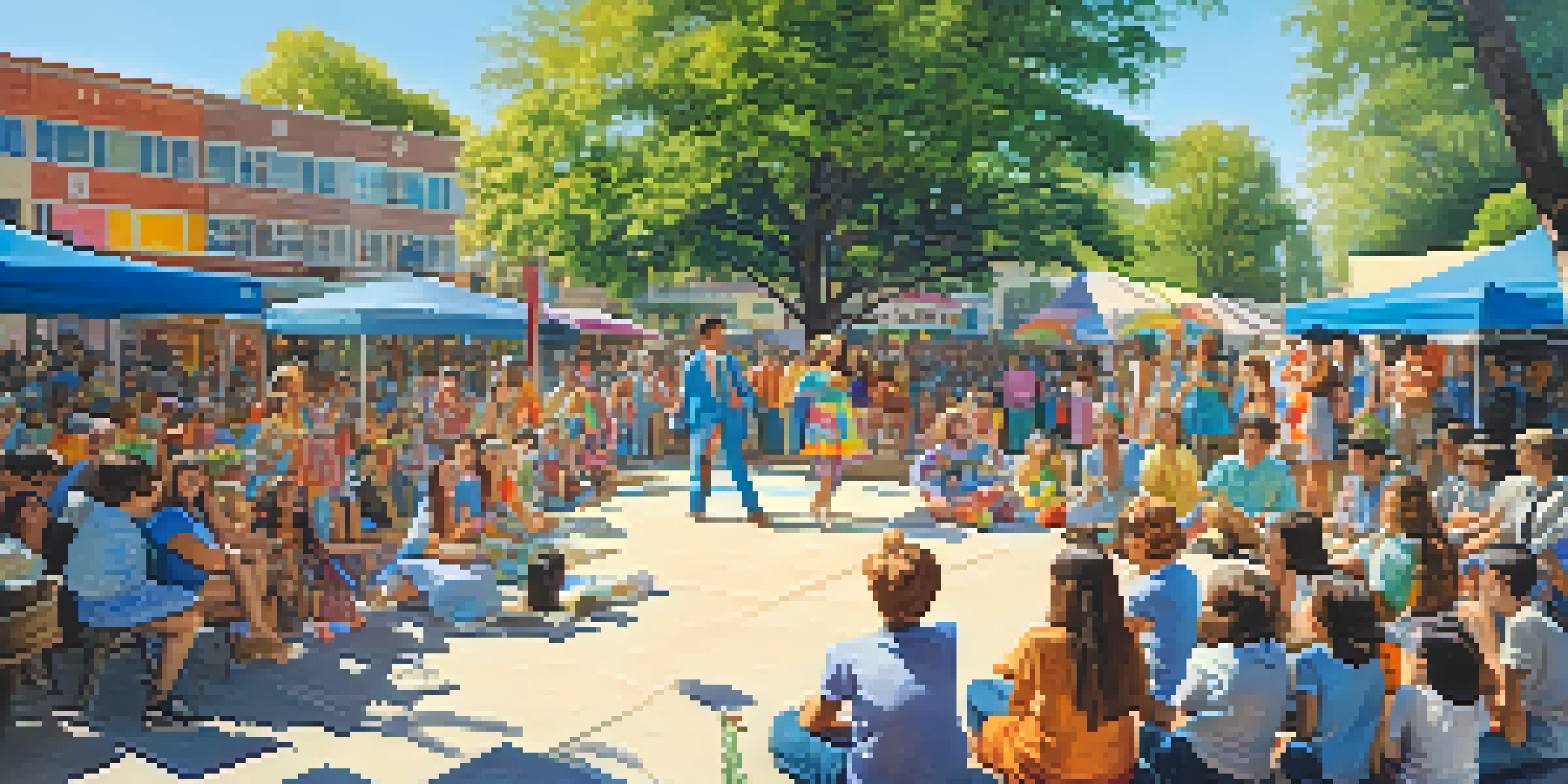 A lively 1960s street scene with young people in tie-dye clothes enjoying music, surrounded by trees and sunlight.