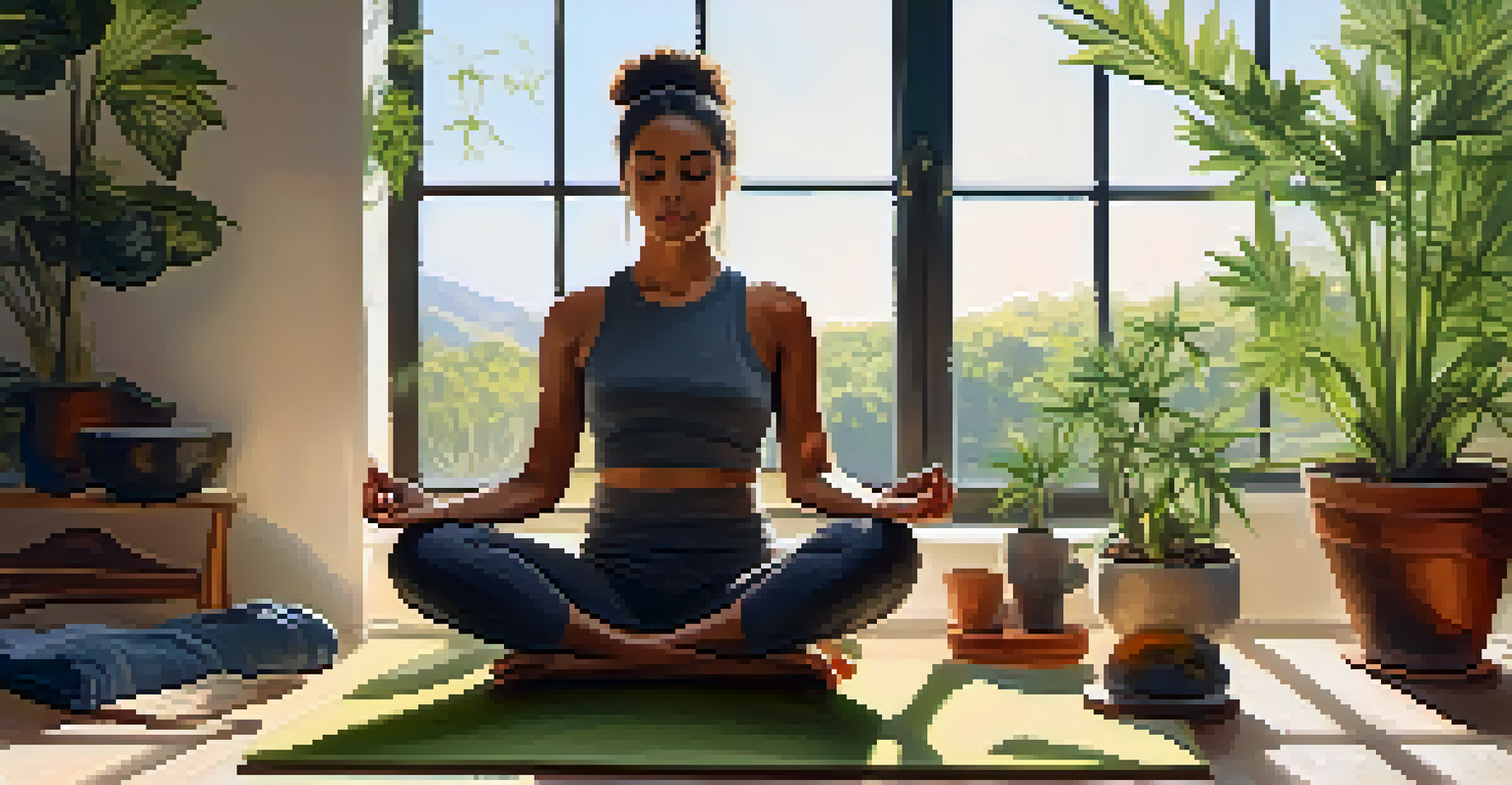 A person meditating on a yoga mat in a sunlit room, with potted plants and a bottle of CBD oil nearby.