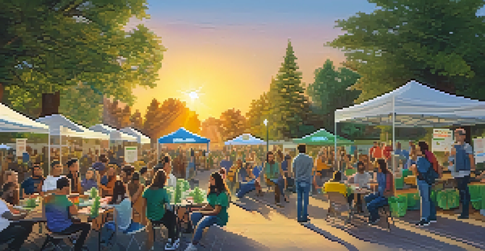 A diverse group of people gathered in a park discussing cannabis legalization, with colorful banners and tables displaying pamphlets.