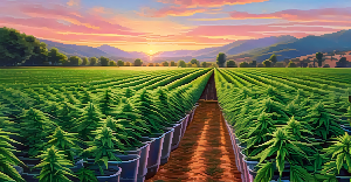 An outdoor cannabis farm at sunrise with green plants and a colorful sky.