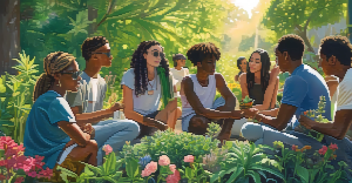 A diverse group of non-binary individuals in a lush garden, discussing and holding cannabis plants, with sunlight peeking through the trees.