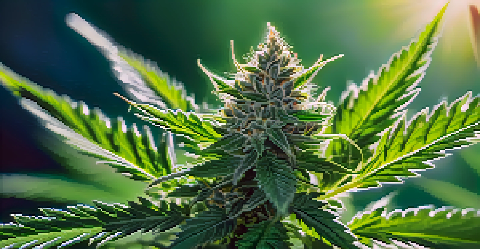 A close-up of a vibrant cannabis plant with detailed leaves and buds illuminated by soft sunlight.