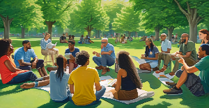 A diverse group of people in a park discussing marijuana policy, surrounded by greenery and sunlight.