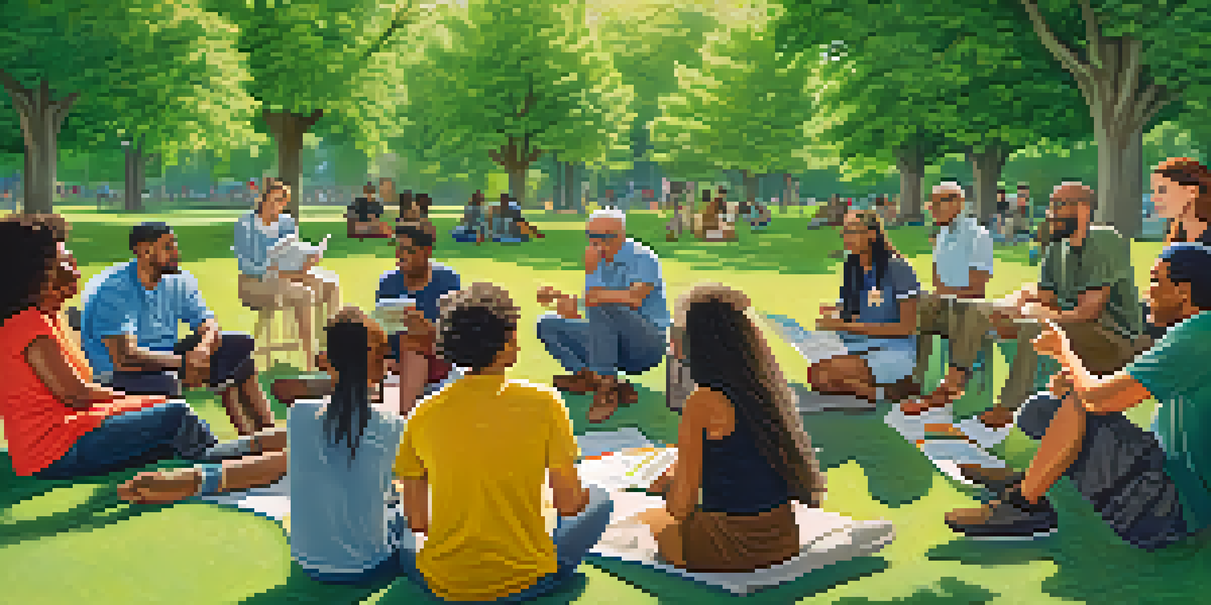 A diverse group of people in a park discussing marijuana policy, surrounded by greenery and sunlight.