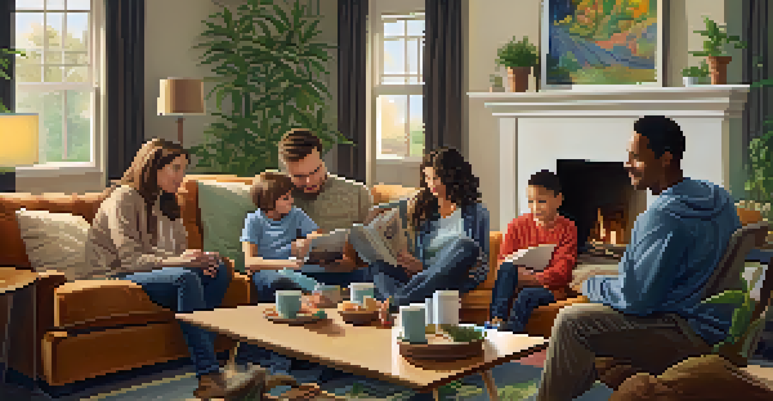 A family sitting in a cozy living room, discussing marijuana education together with a warm and supportive atmosphere.