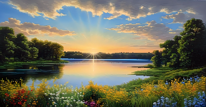 A peaceful lake scene with trees and colorful flowers, under a blue sky with a setting sun.