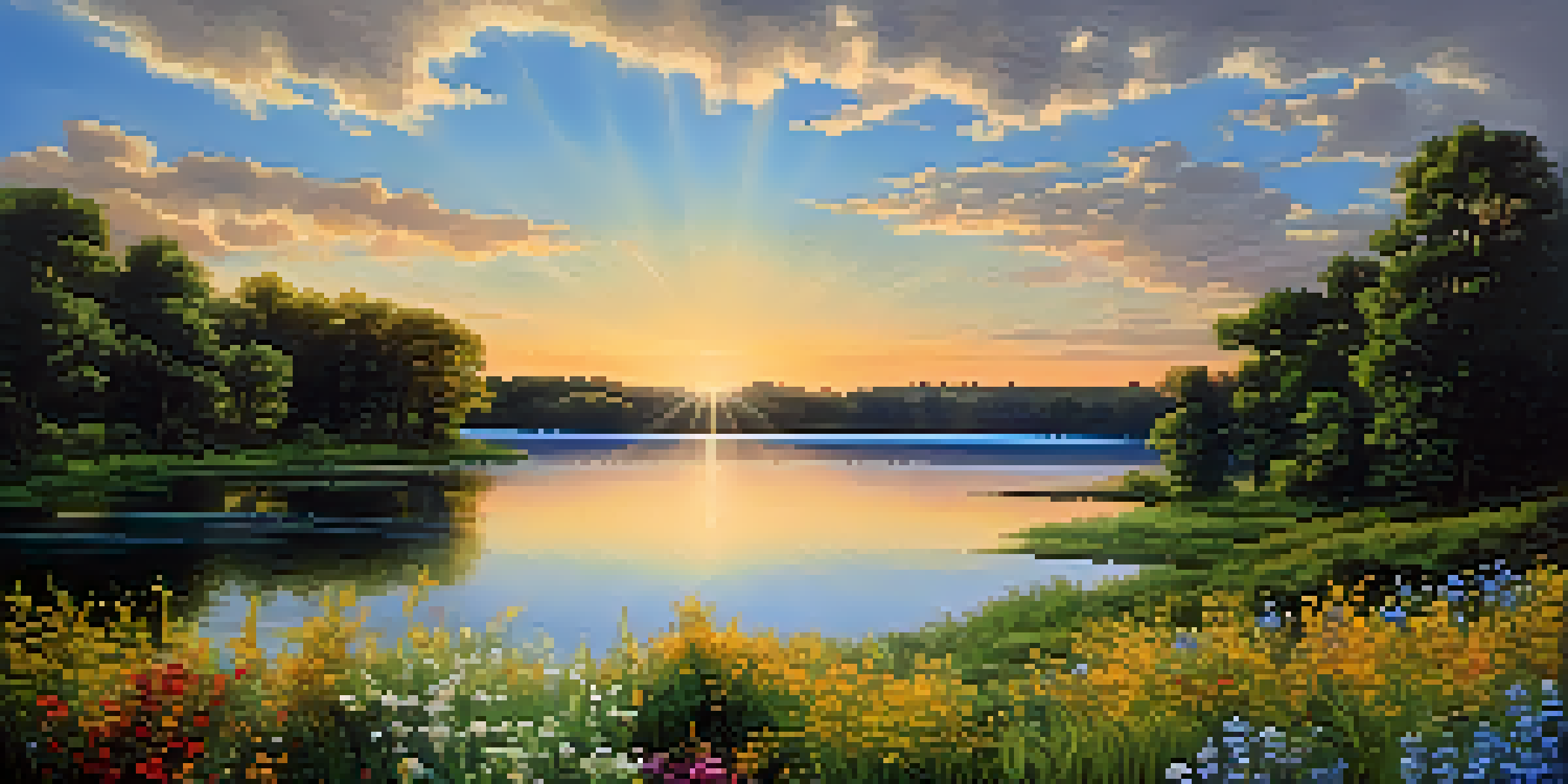 A peaceful lake scene with trees and colorful flowers, under a blue sky with a setting sun.