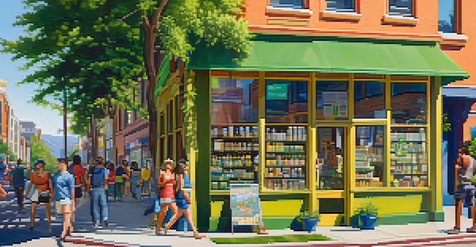 A lively urban street with a cannabis dispensary, people walking, and trees providing shade.