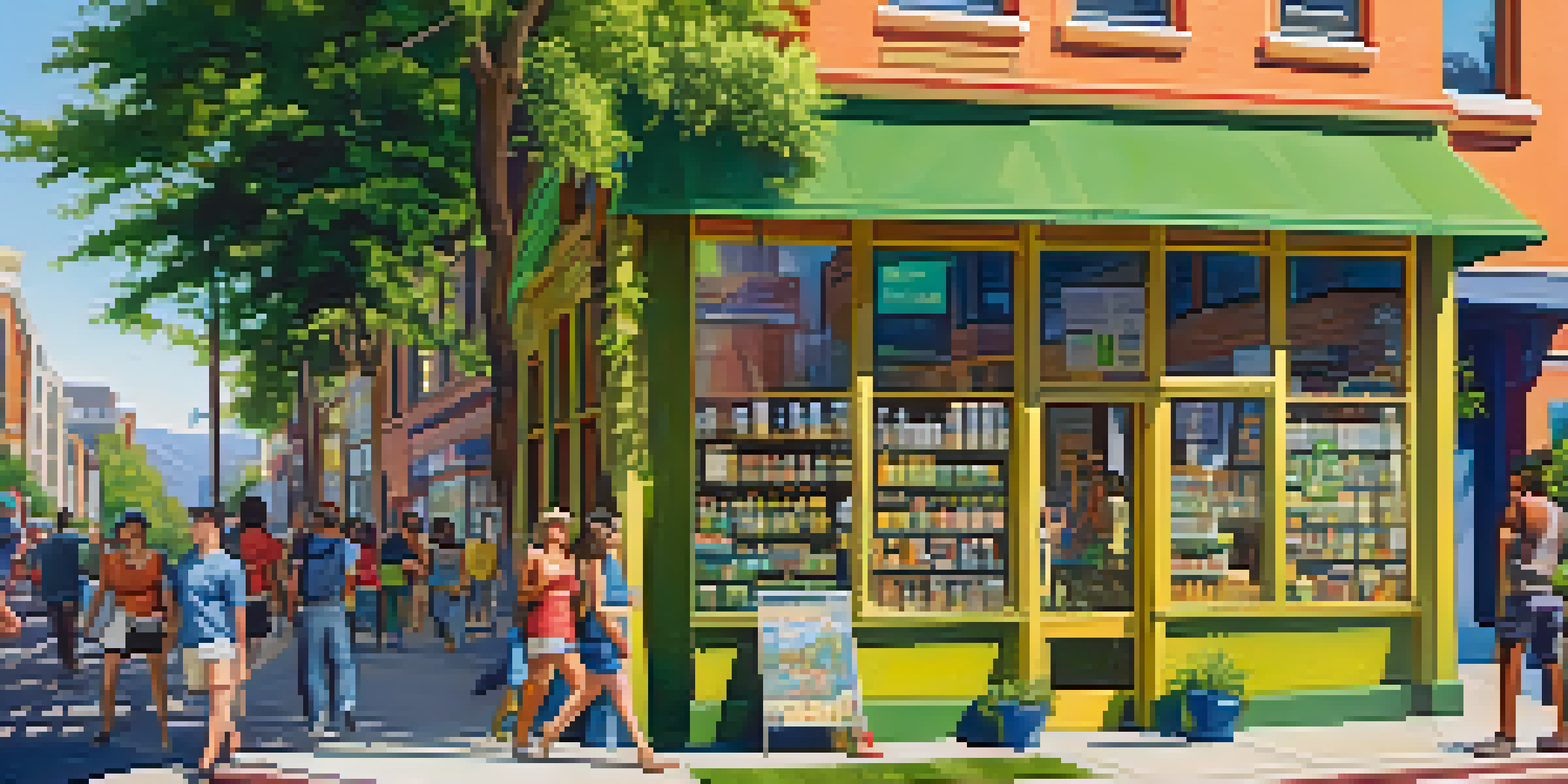 A lively urban street with a cannabis dispensary, people walking, and trees providing shade.
