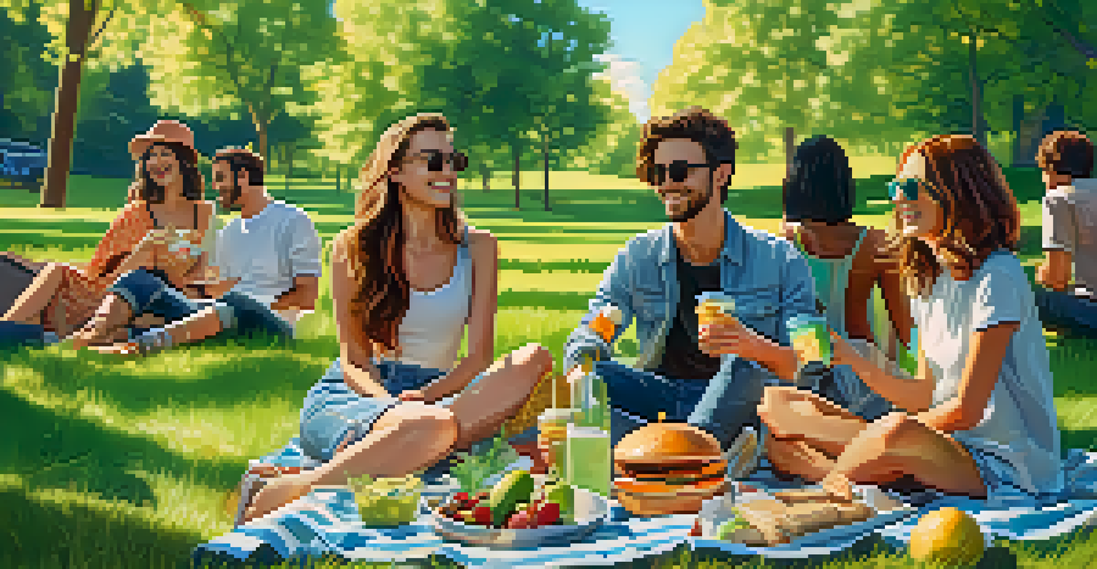 A cheerful group of friends having a picnic in a park, surrounded by cannabis-infused snacks and drinks.