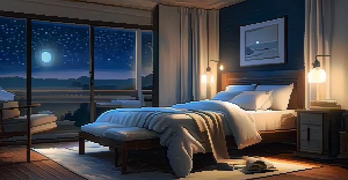 A cozy bedroom at night, featuring a neatly made bed, soft lighting, and a starry sky visible through the window.