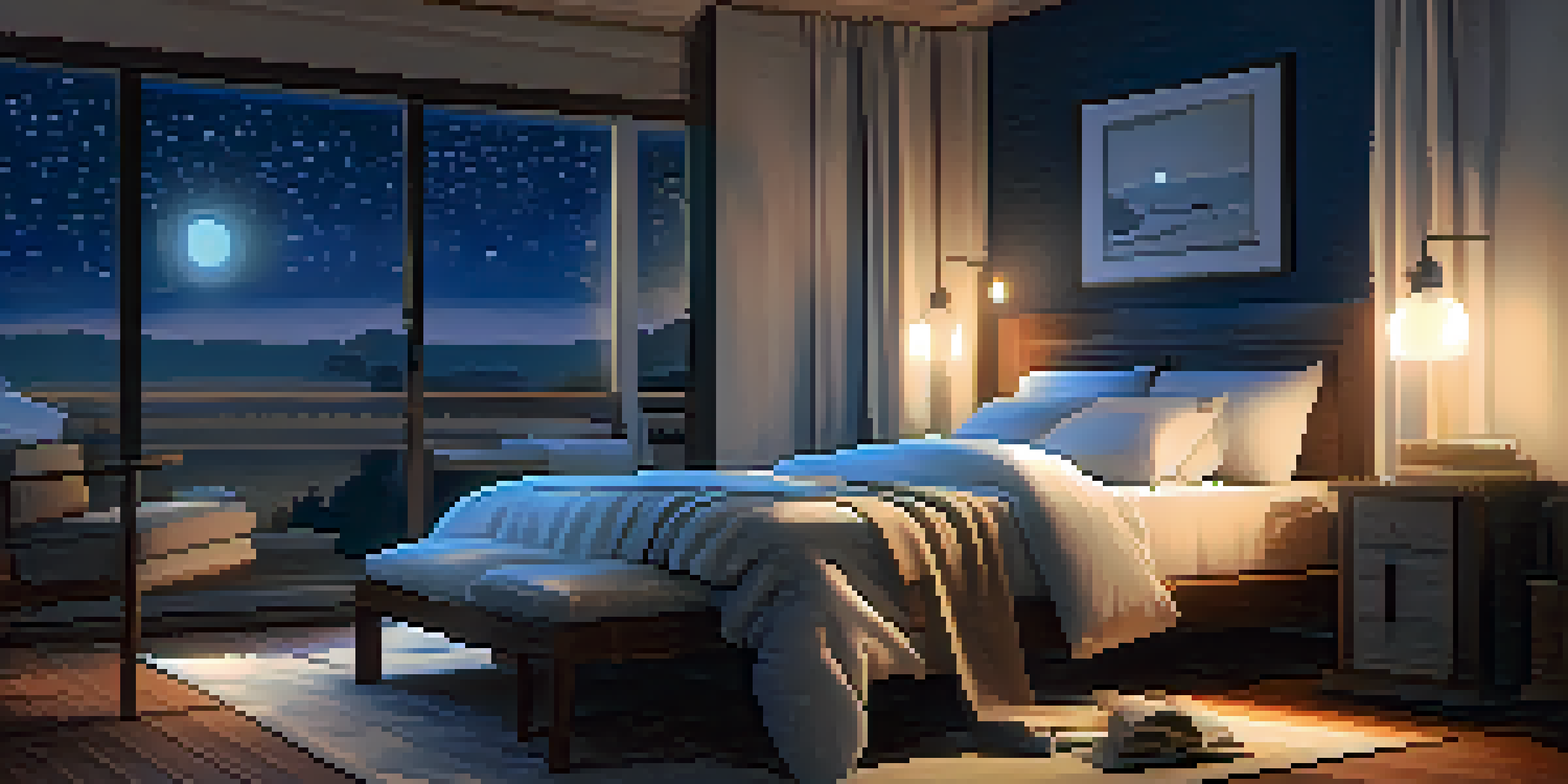 A cozy bedroom at night, featuring a neatly made bed, soft lighting, and a starry sky visible through the window.