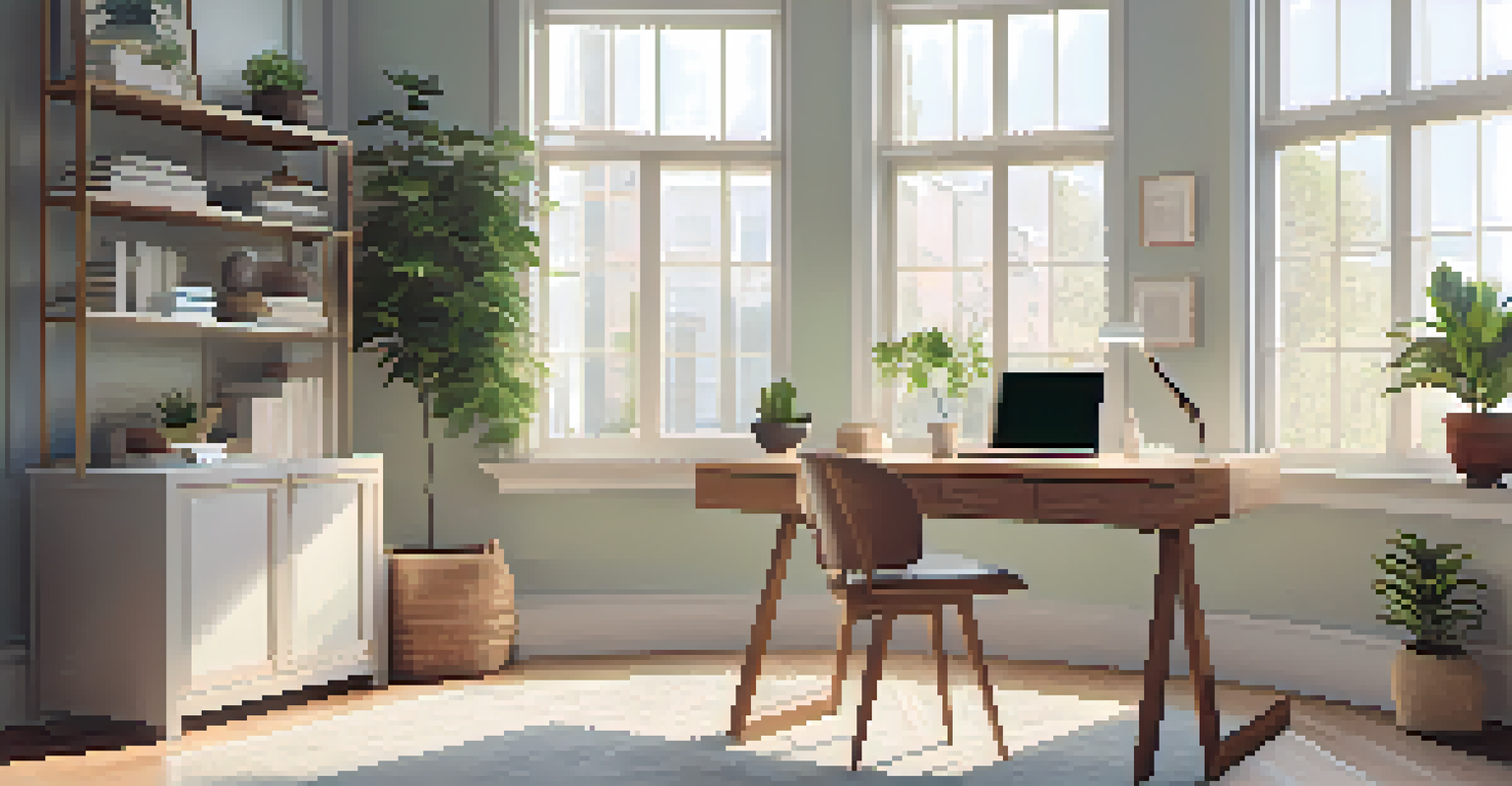 A serene home office with a desk, laptop, and natural light coming through a window, creating a calm and productive environment.