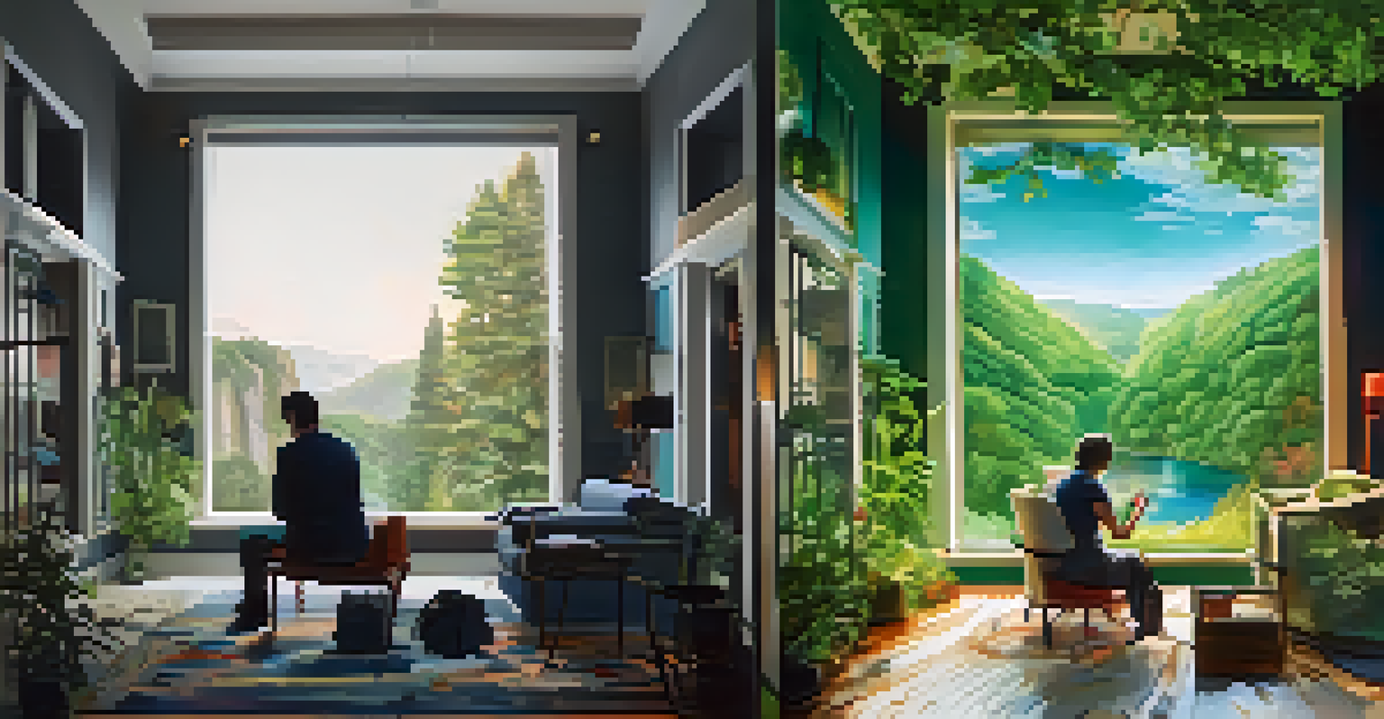 A split scene showing a stressed person in a cluttered room and the same person in a peaceful nature setting, connecting with a mental health professional.