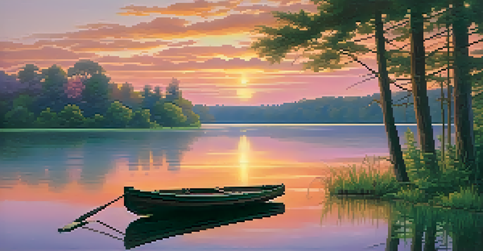 A peaceful sunset over a lake with trees and a dock.