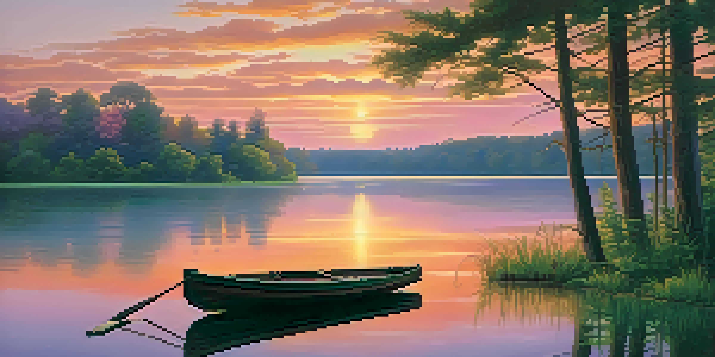 A peaceful sunset over a lake with trees and a dock.
