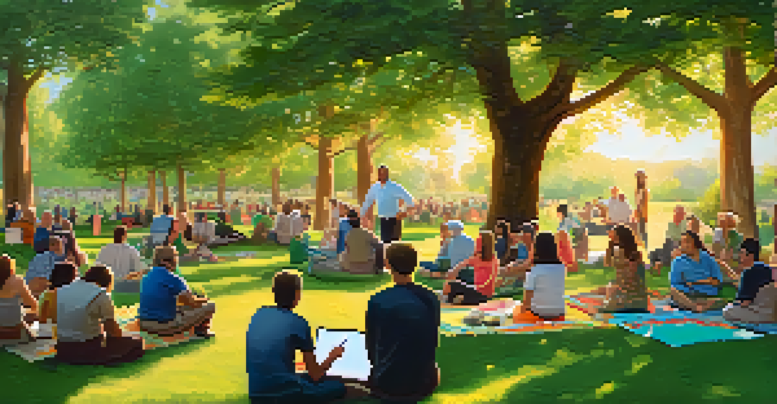 An educational seminar about cannabis in a sunny park, with people sitting on blankets and a speaker presenting.